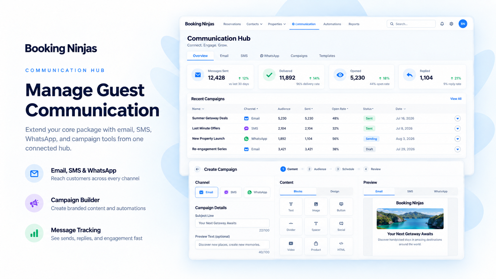 Booking Ninjas Communication Hub for Email, SMS and WhatsApp